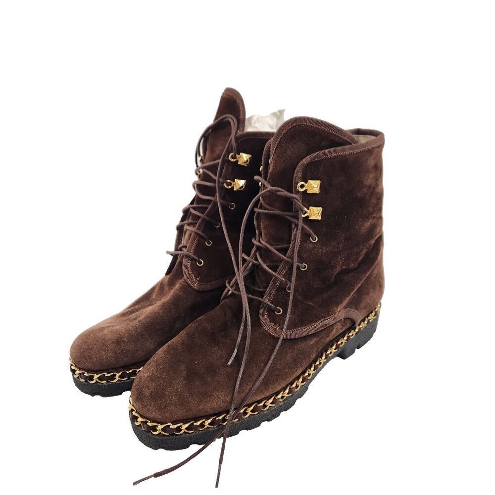 Browns Suede Lace Up Boots Size 37 Made in Italy Chain Accent Leather Rubber